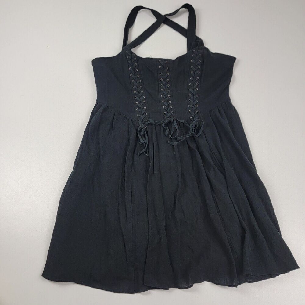 Free People Fairy Prairie Bohemian Lace Dress Size 8 Black Boho Peasant Style